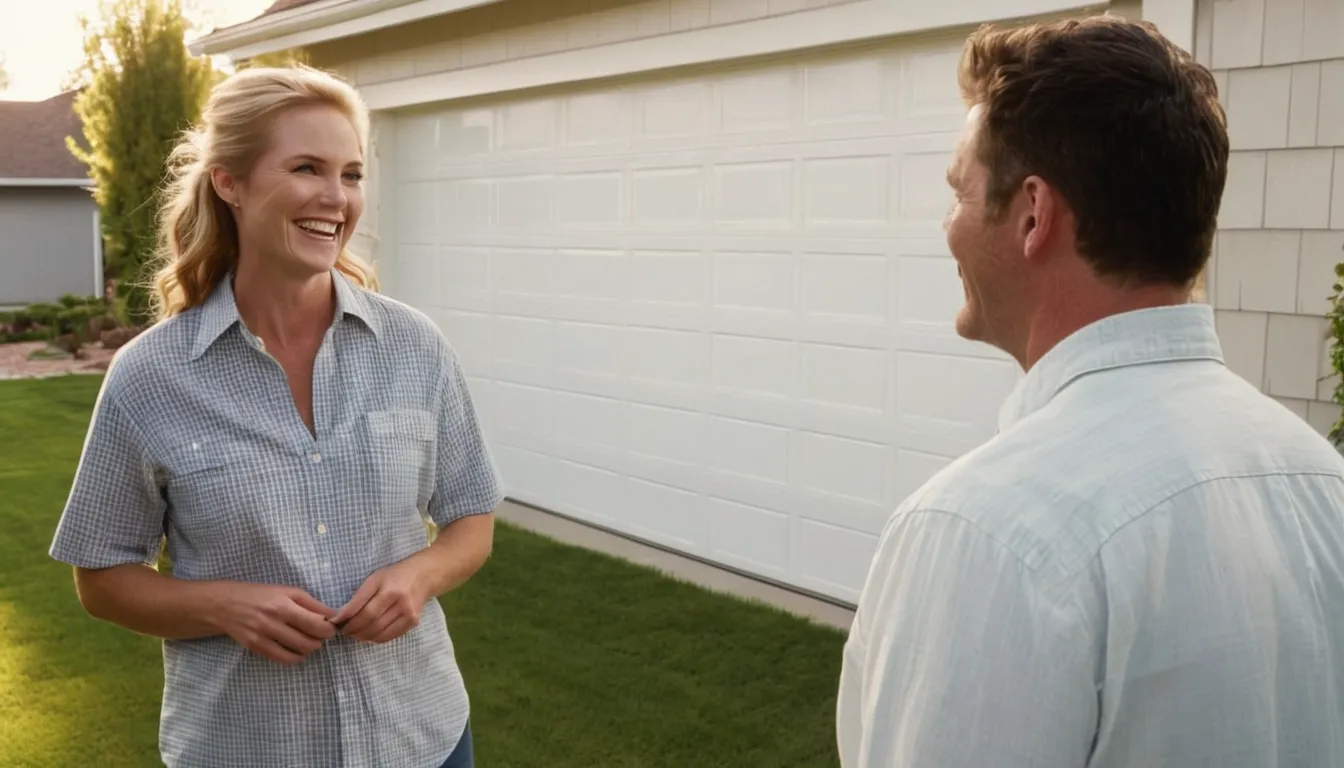 A homeowner talking with a garage door provider beside a closed garage door in Plano